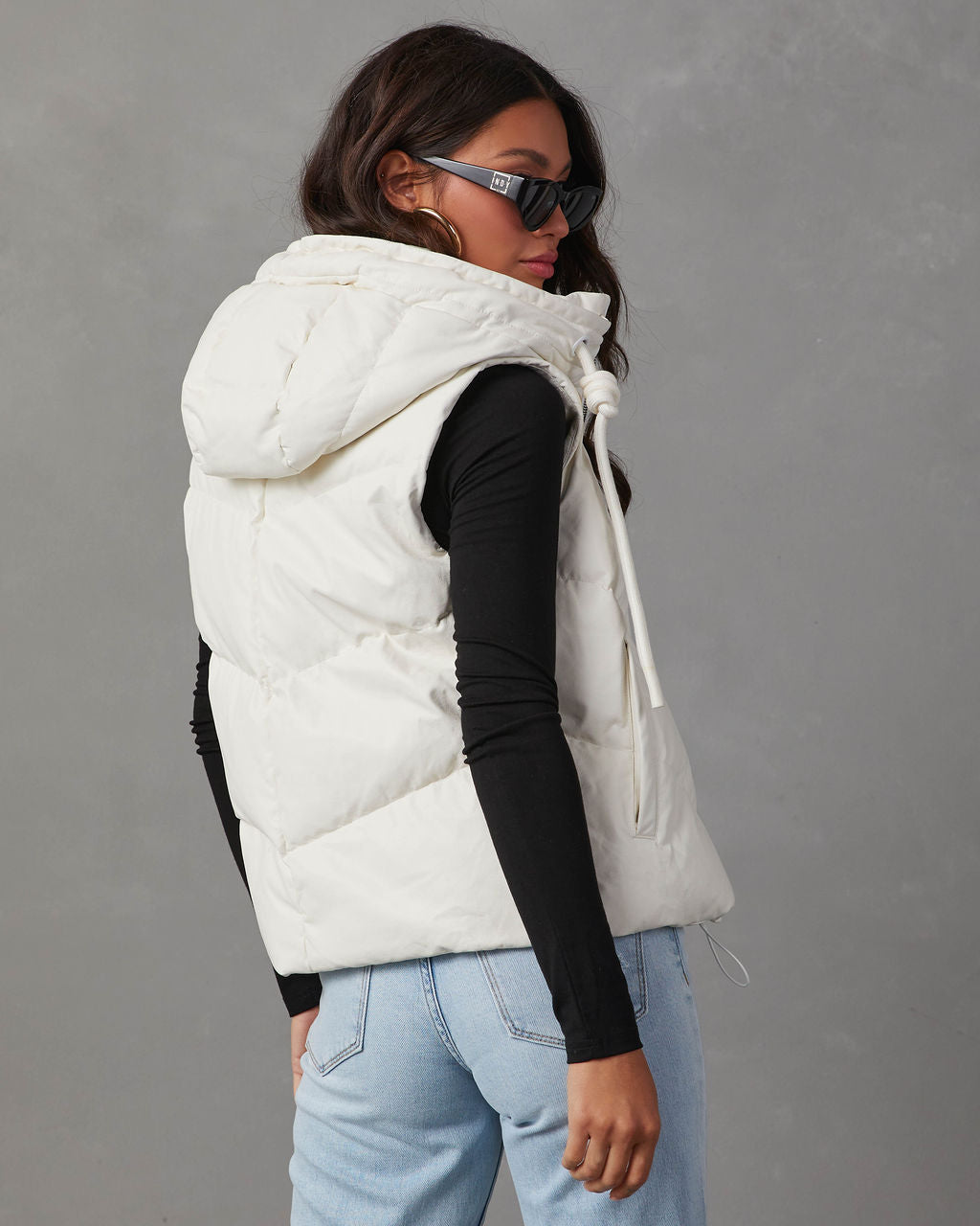 Shelton Pocketed Hooded Faux Leather Puffer Vest