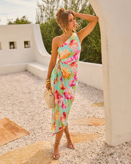 Modern Day Glam Printed One Shoulder Asymmetrical Maxi Dress